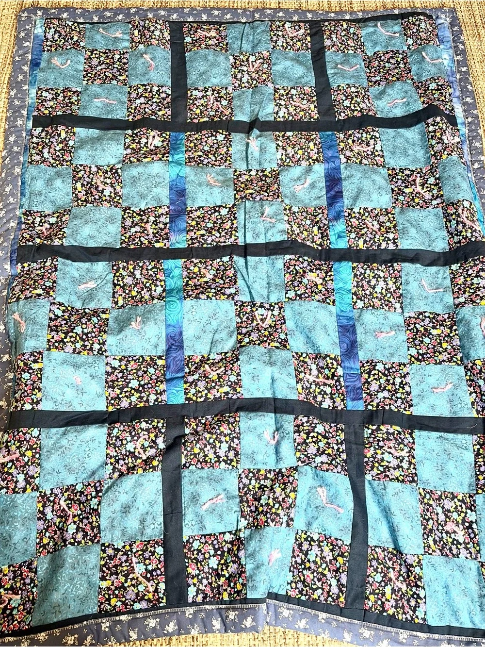 Handmade Blue Floral Patchwork Quilt - Blue